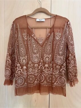 Blumarine Sheer Embroidered V-Neck Blouse